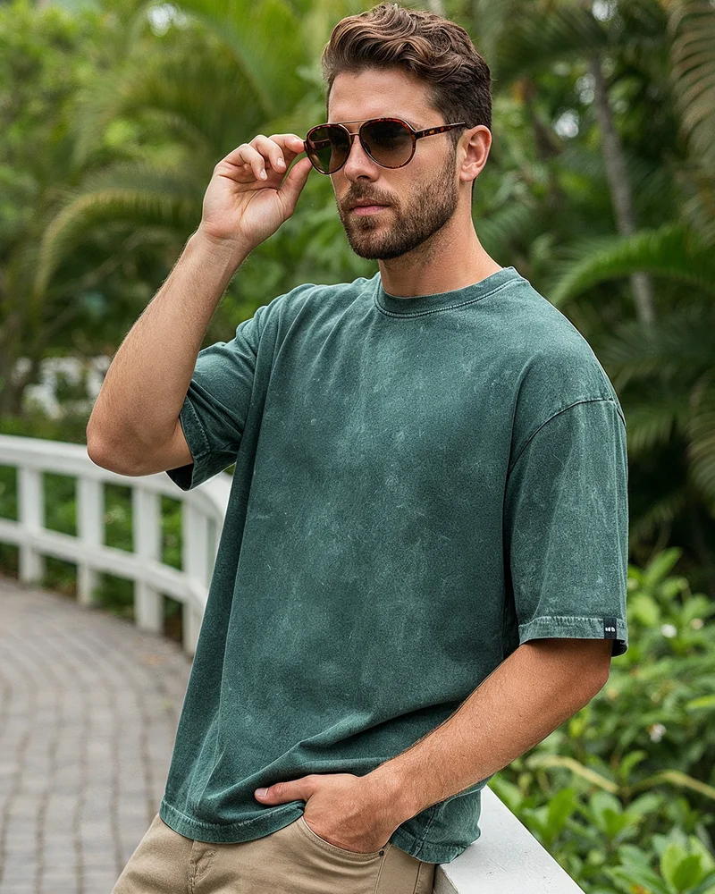 بيواكوف Men's Green Oversized Acid Wash T-shirt